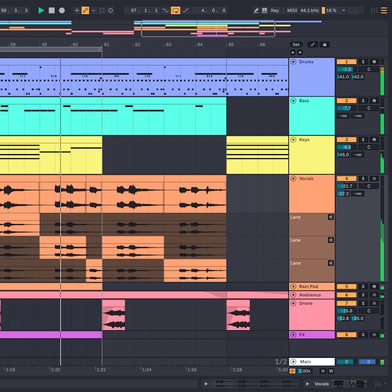 Live 12 Lite Arrangement View, Drum Rack, MIDI and Audio on screen